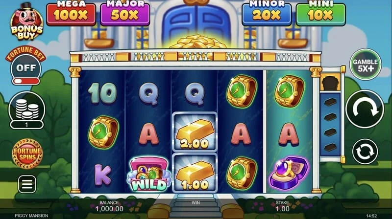 Piggy Mansion - Skrin permainan dengan grid 5x3 dan simbol wang tunai